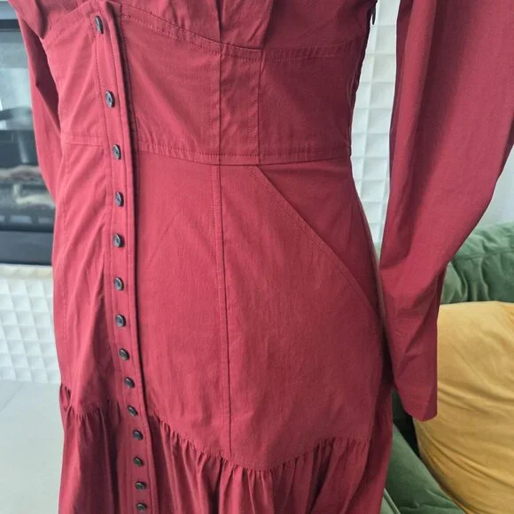 NWOT A.L.C. Fleur Long-Sleeve Tiered Cotton Dress Maroon Deep Red Suma, Size 10 - Picture 7 of 9